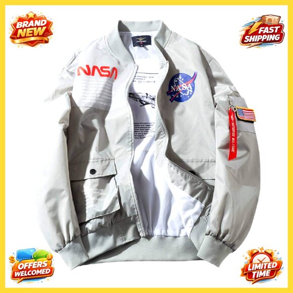 NASA Apollo Patches Slim Fit Bomber Jacket Windbreaker Retro Flight Ribbon